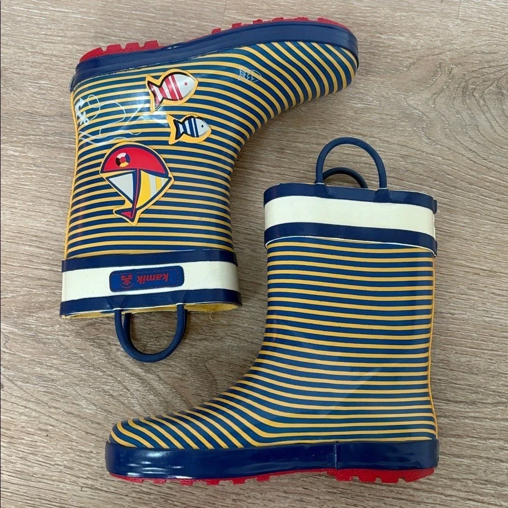 Kamik Kids Rain Boots Size 2 Blue Yellow Nautical Sailboat  NWOT